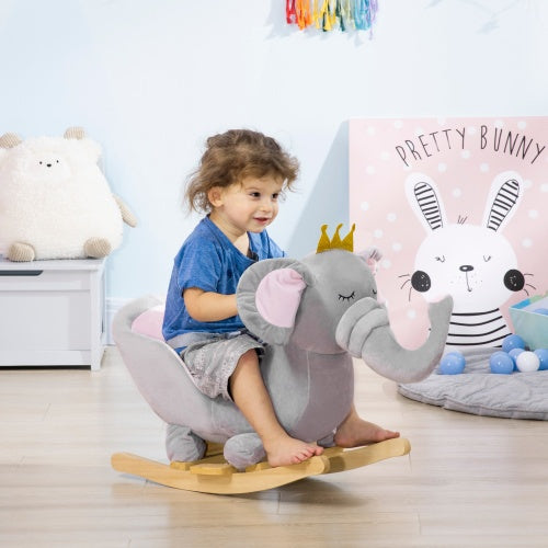 Baby Elephant Rocking Chair with Sound – Plush Toddler Rocker Toy, Safety Belt & Wooden Base – Ages 1.5–3 Years, Gray