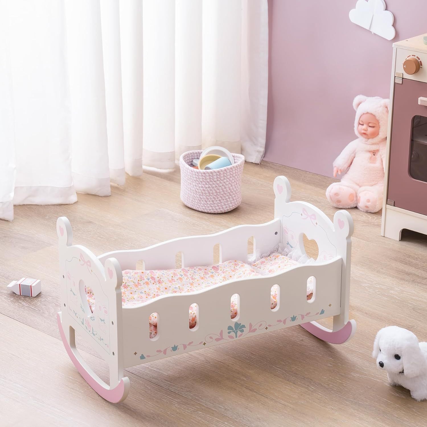 Doll Cradle Rocking Baby Doll Crib – Reversible Doll Bed for 18-inch Dolls, Fits Toddlers 1-3 Years, Pink WRP06