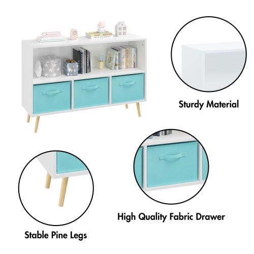 Kids' White & Blue 3-Drawer Bookshelf – MDF Storage Organizer with Foldable Fabric Bins