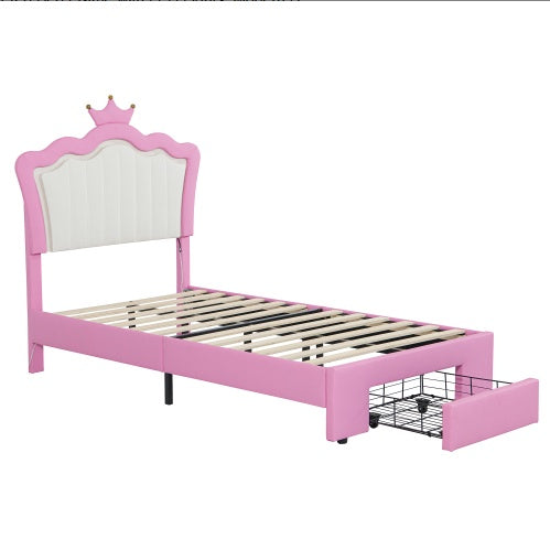 Twin Princess Bed Frame with Crown Headboard, LED Lights & Drawer, Upholstered Platform Bed, Pink/White