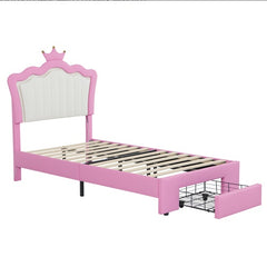 Twin Princess Bed Frame with Crown Headboard, LED Lights & Drawer, Upholstered Platform Bed, Pink/White