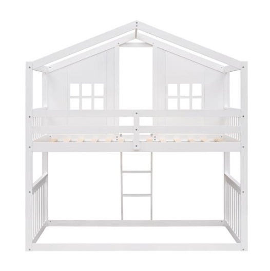 White Wooden Bunk House Bed with Ladder – Twin-Over-Twin Kids Playhouse Bed Frame