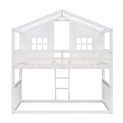White Wooden Bunk House Bed with Ladder – Twin-Over-Twin Kids Playhouse Bed Frame