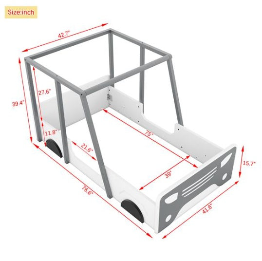 Double Car Bed with Roof & Wheels, Wooden Kids Bed, Montessori Style, White/Grey