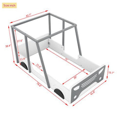 Double Car Bed with Roof & Wheels, Wooden Kids Bed, Montessori Style, White/Grey