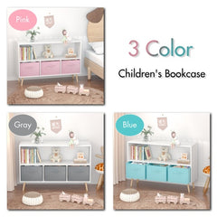 Kids' White & Blue 3-Drawer Bookshelf – MDF Storage Organizer with Foldable Fabric Bins