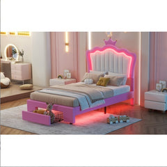 Twin Princess Bed Frame with Crown Headboard, LED Lights & Drawer, Upholstered Platform Bed, Pink/White