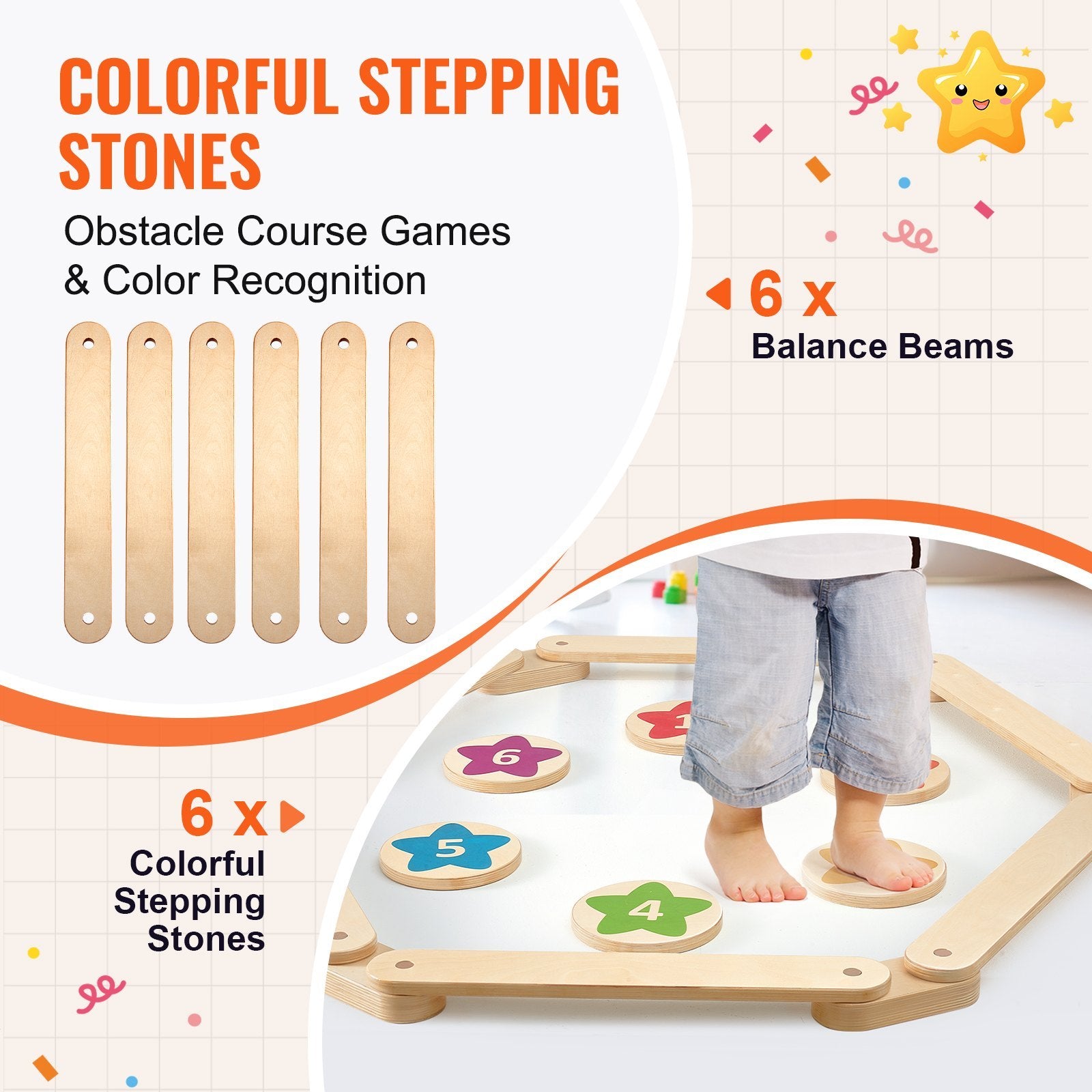 6-Piece Kids Wooden Balance Beam Set – Montessori Stepping Stones for Toddlers & Children