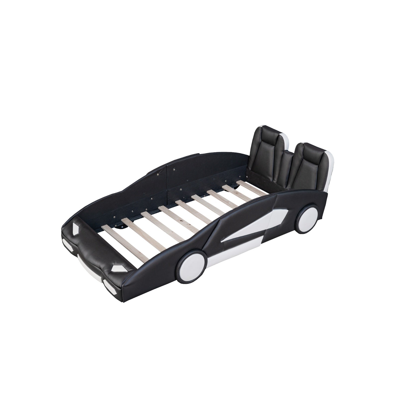 Twin Size Race Car Bed with Wheels – Black Wooden Platform Bed for Kids