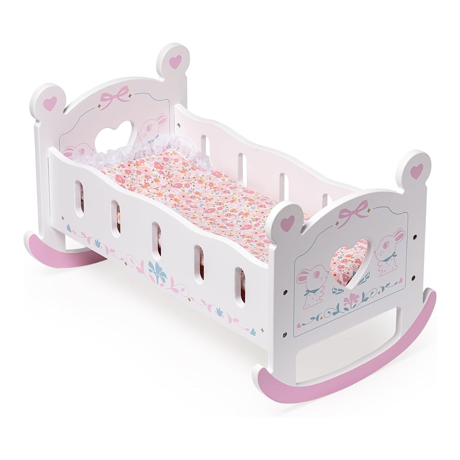 Doll Cradle Rocking Baby Doll Crib – Reversible Doll Bed for 18-inch Dolls, Fits Toddlers 1-3 Years, Pink