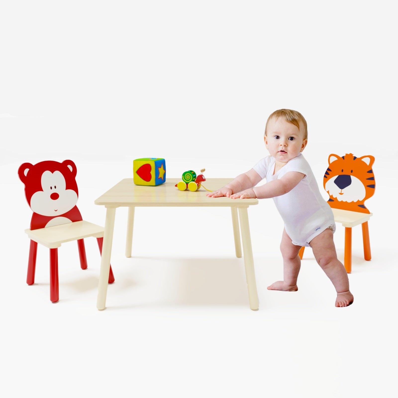 Kids Table and 2 Chairs Set – Bear & Tiger Design | Wooden 3-Piece Toddler Activity Play Table Set