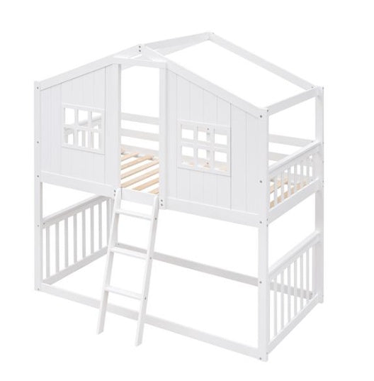 White Wooden Bunk House Bed with Ladder – Twin-Over-Twin Kids Playhouse Bed Frame