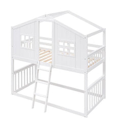 White Wooden Bunk House Bed with Ladder – Twin-Over-Twin Kids Playhouse Bed Frame