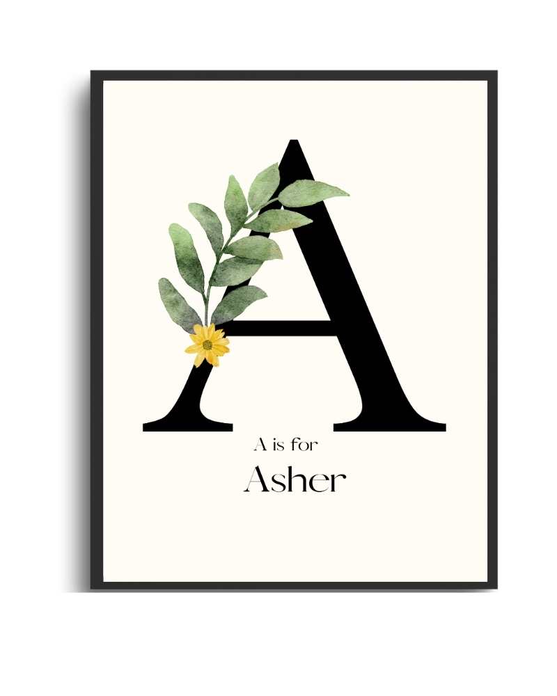 Personalized Name Framed Print – Custom Flower Design, Nursery & Kids’ Room Wall Art - A Semi Glossy Black