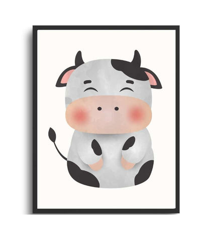 Cow Framed Print – Playful Farm Animal Wall Art for Kids & Nursery Decor Semi Glossy Black