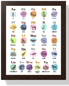 Colorful Animal Alphabet Framed Print - Educational Wall Art for Kids Semi Glossy Brown