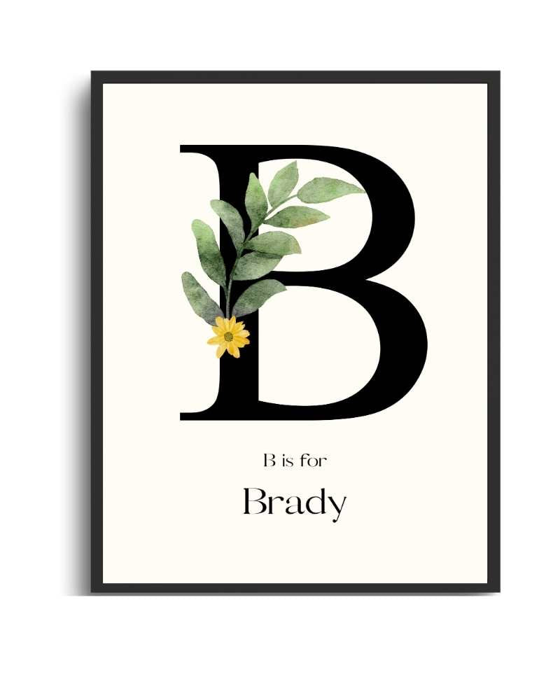 Personalized Name Framed Poster – Custom Flower Design, Nursery & Kids’ Room Wall Art - B Semi Glossy Black