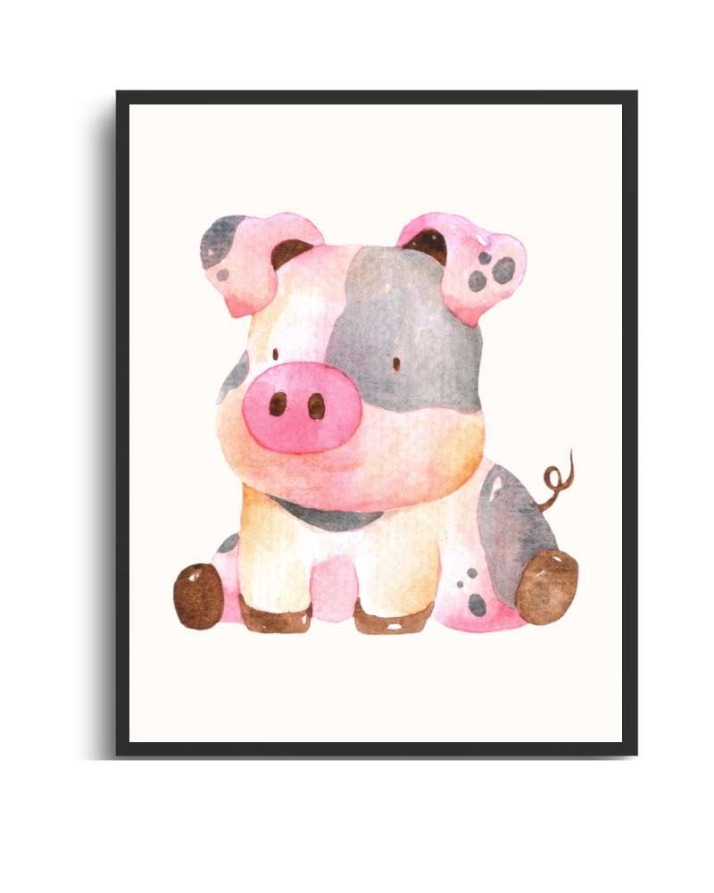 Watercolor Pig Framed Print – Farm Animal Wall Art for Kids & Nursery Décor Semi Glossy Black
