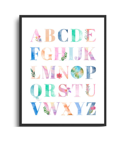 Colorful Alphabet Framed Print – Botanical-Inspired Nursery & Classroom Wall Art Semi Glossy Black
