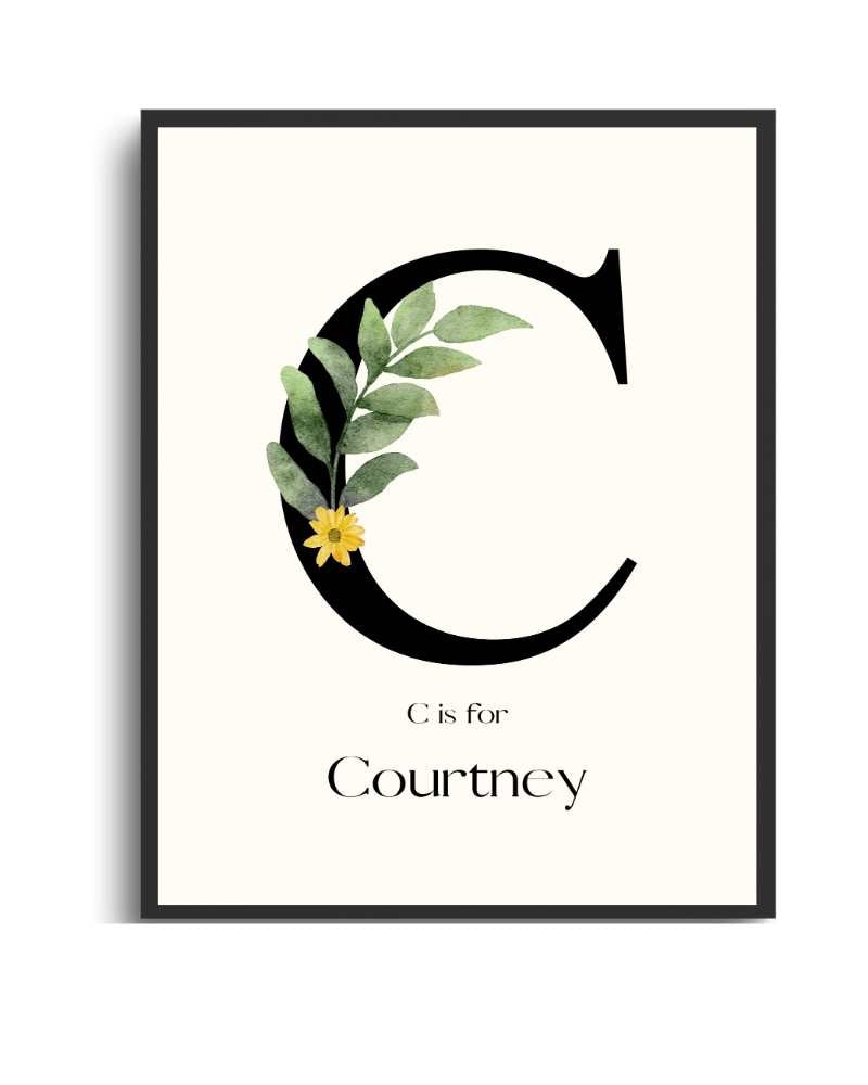 Personalized Name Framed Poster – Custom Flower Design, Nursery & Kids’ Room Wall Art - C Semi Glossy Black