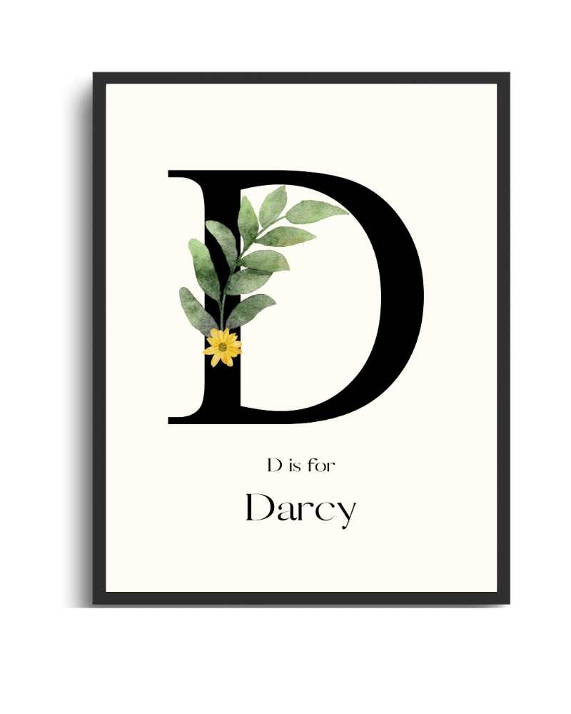 Personalized Name Framed Poster – Custom Flower Design, Nursery & Kids’ Room Wall Art - D Semi Glossy Black