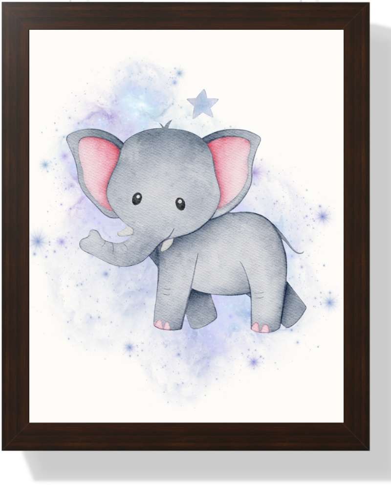 Whimsical Elephant Framed Print - Multi-Color Nursery Art Semi Glossy Brown
