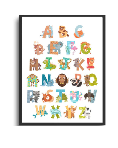 Colorful Alphabet Animal Framed Print – Educational & Fun Wall Art for Kids, Nurseries & Playrooms Semi Glossy Black