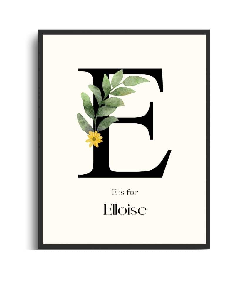 Personalized Name Framed Poster – Custom Flower Design, Nursery & Kids’ Room Wall Art - E Semi Glossy Black