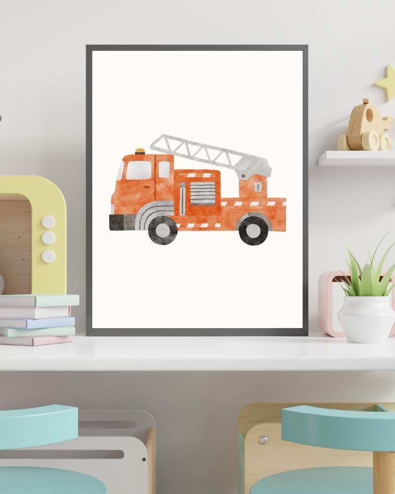Fire Truck Framed Print - Colorful Kids Room Art