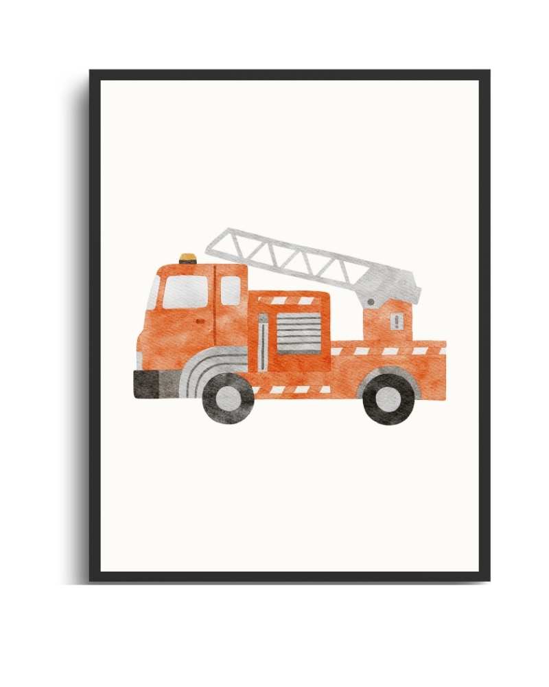Fire Truck Framed Print - Colorful Kids Room Art Semi Glossy Black