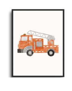 Fire Truck Framed Print - Colorful Kids Room Art Semi Glossy Black