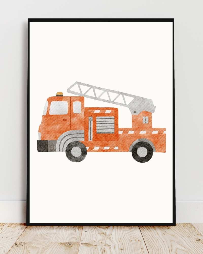 Fire Truck Framed Print - Colorful Kids Room Art