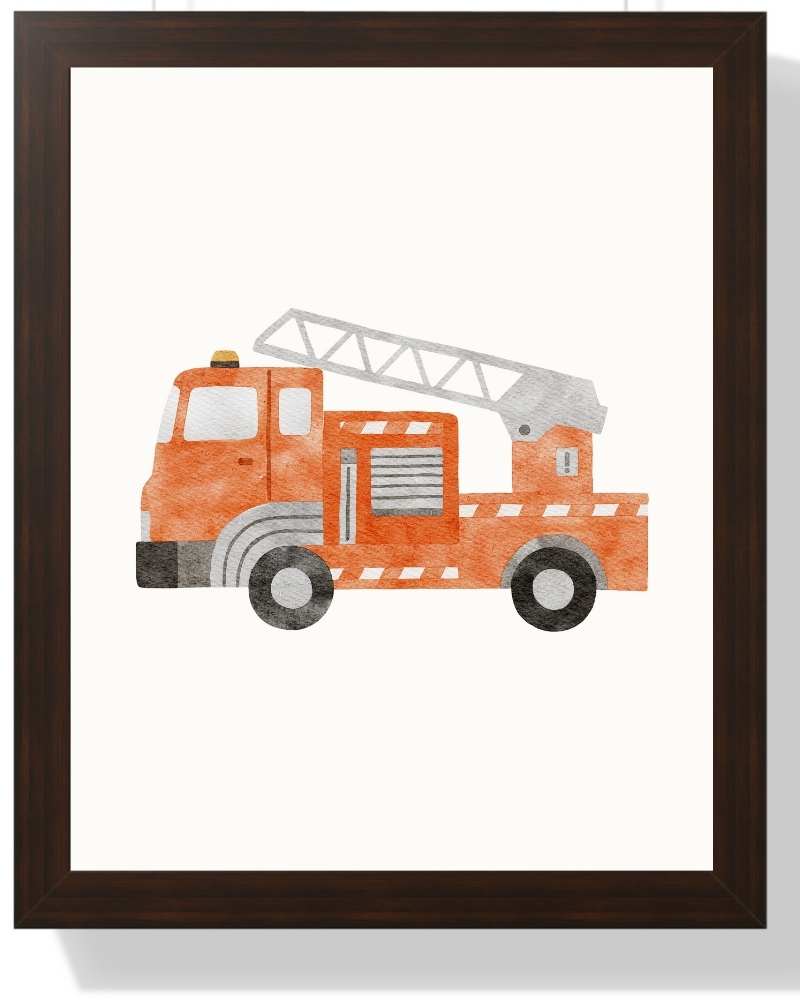 Fire Truck Framed Print - Colorful Kids Room Art Semi Glossy Brown