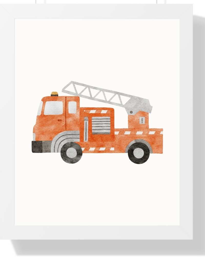 Fire Truck Framed Print - Colorful Kids Room Art Semi Glossy White