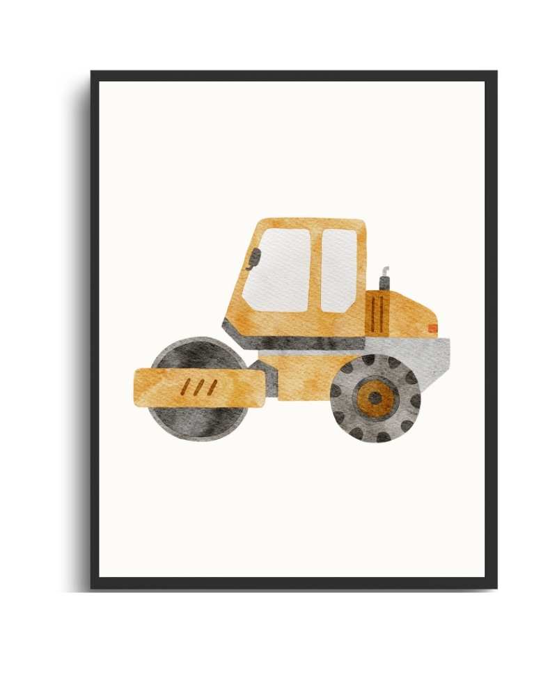 Watercolor Construction Vehicle Framed Print - Kid's Room Decor, Gift for Boys, Nursery Wall Art Semi Glossy Black