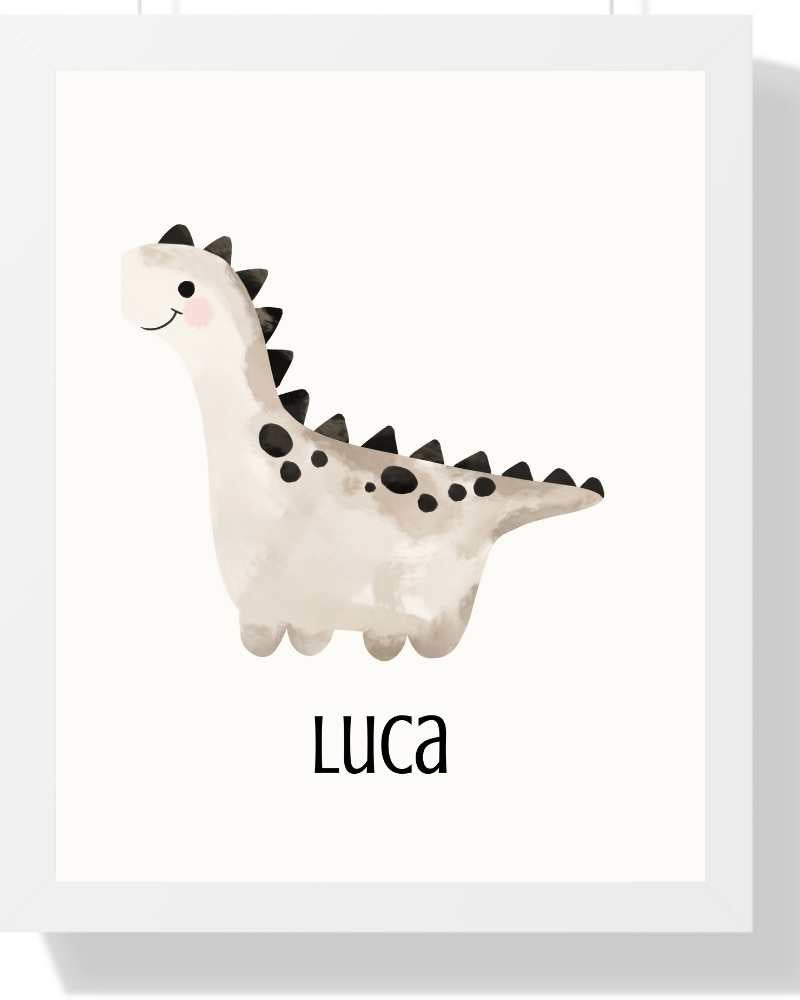 Personalized Dino Framed Print for Kids – Cute, Colorful Wall Art Semi Glossy White