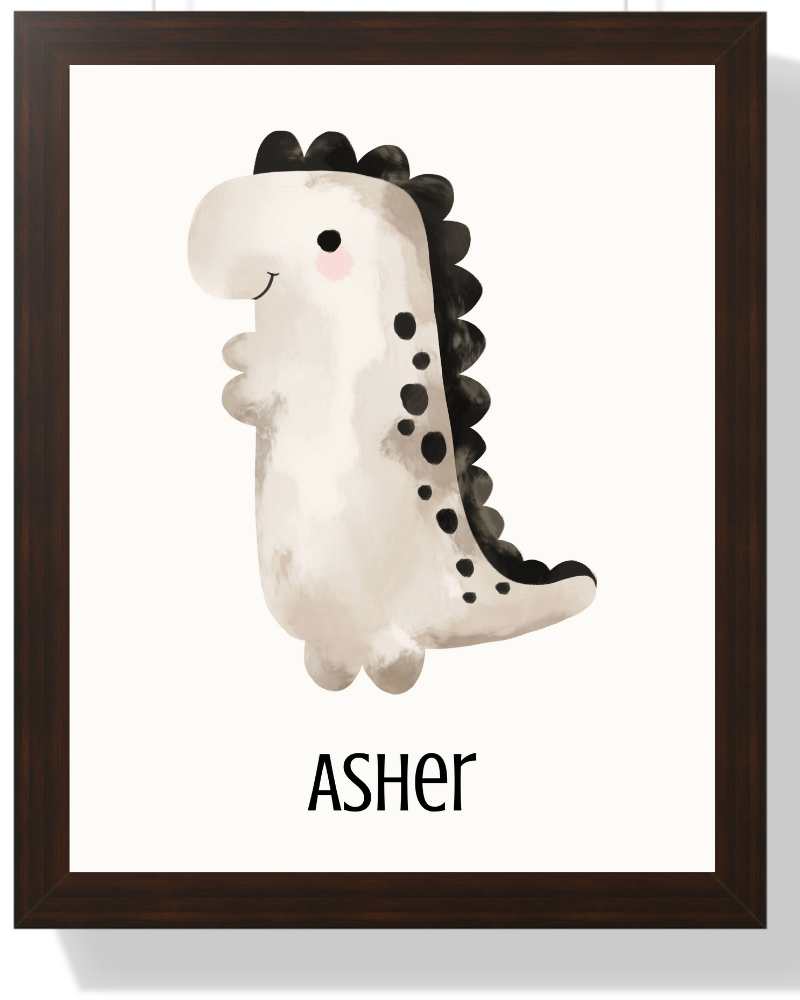 Framed Dino Print for Kids - Personalized Gift Semi Glossy Brown