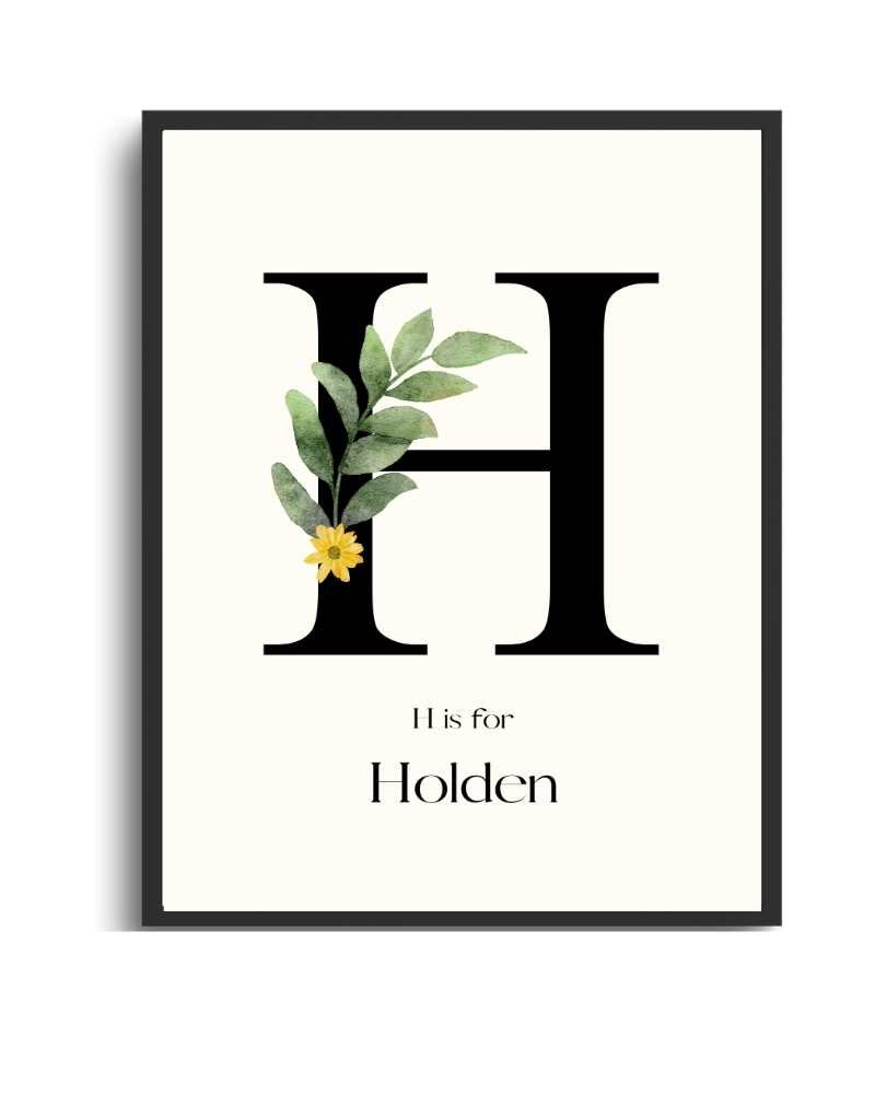 Personalized Name Framed Poster – Custom Flower Design, Nursery & Kids’ Room Wall Art - H Semi Glossy Black