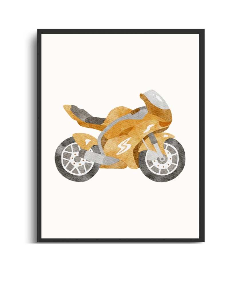 Motorcycle Watercolor Framed Print - Vintage Art for Biker Decor Semi Glossy Black