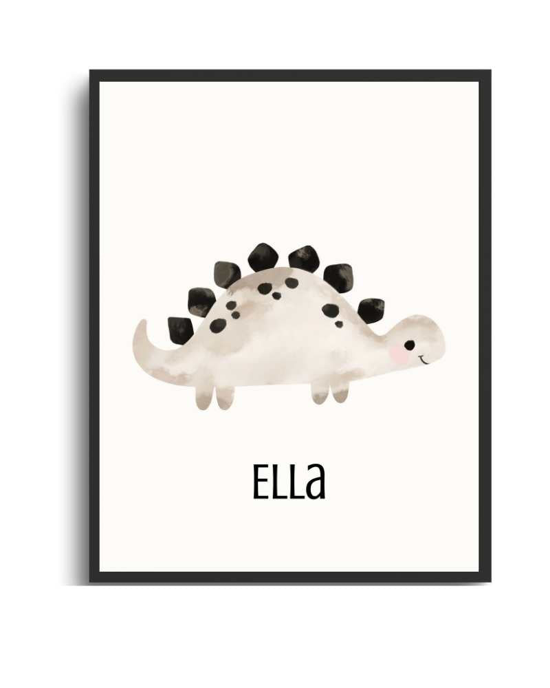 Personalized Dino Framed Print for Kids - Cute Wall Art Semi Glossy Black
