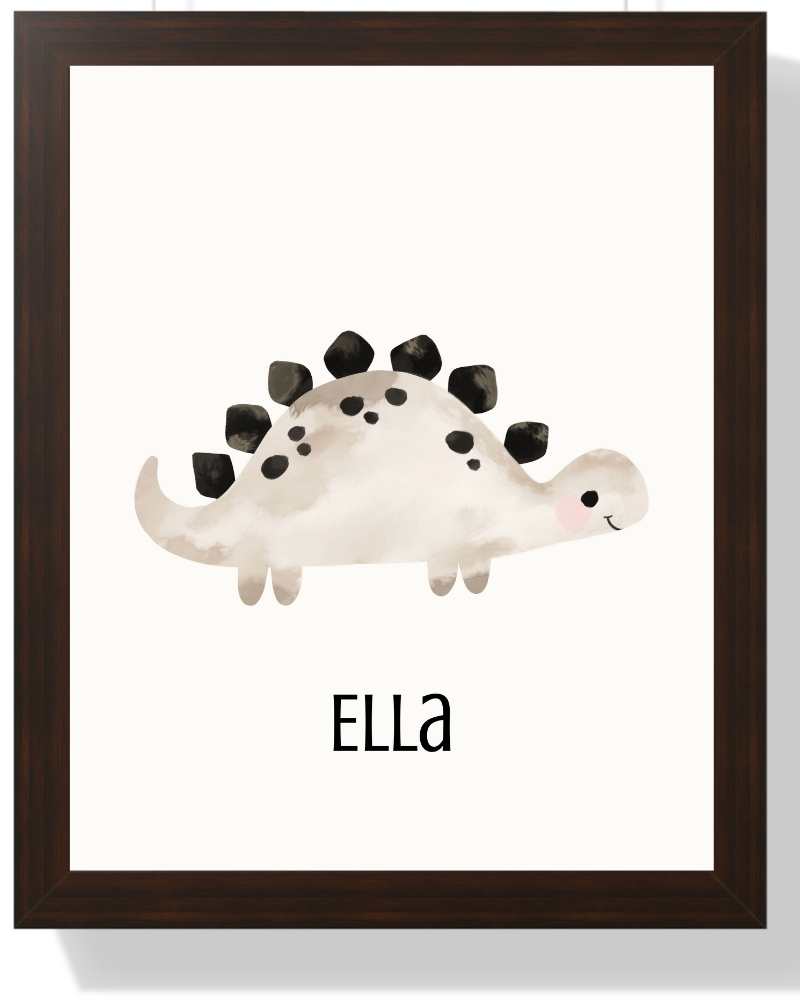Personalized Dino Framed Print for Kids - Cute Wall Art Semi Glossy Brown