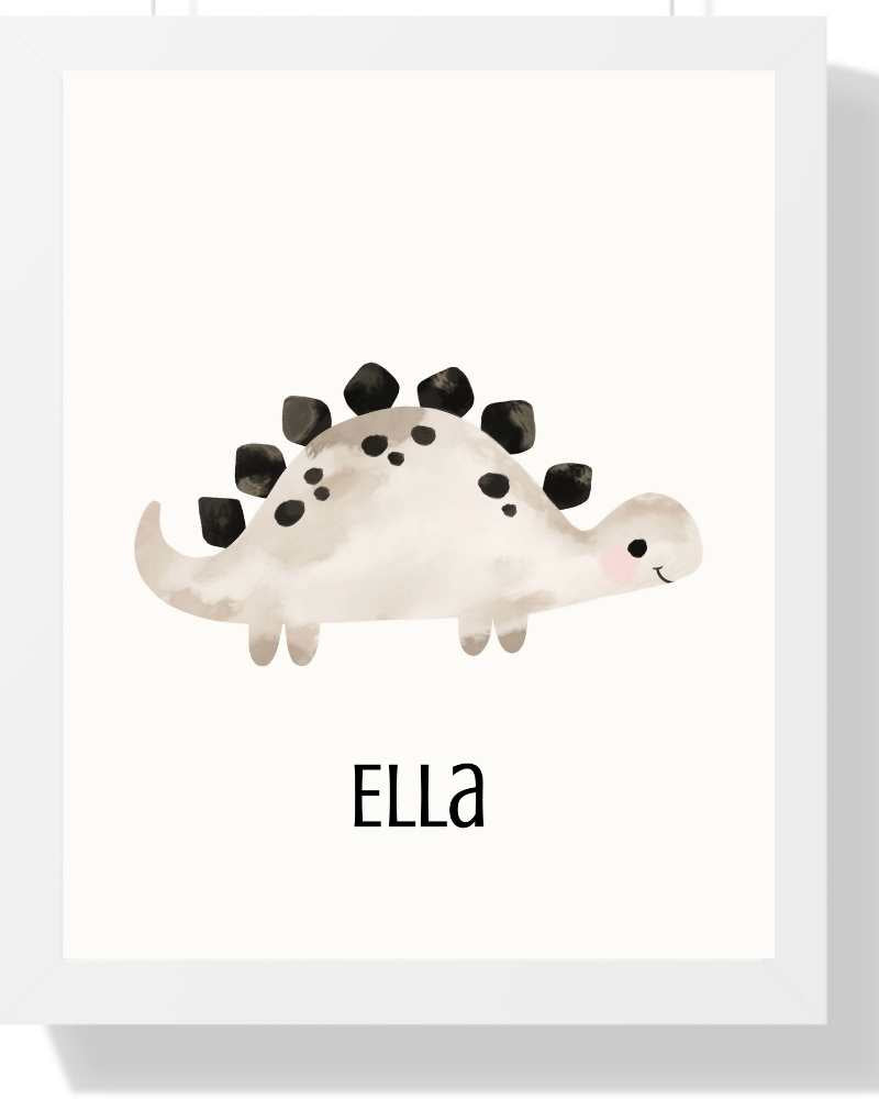 Personalized Dino Framed Print for Kids - Cute Wall Art Semi Glossy White