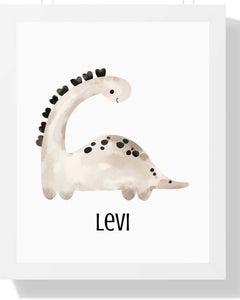 Dinosaur Framed Print - 'Levi' for Kids' Room Decor Semi Glossy White