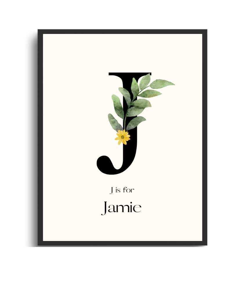 Personalized Name Framed Poster – Custom Flower Design, Nursery & Kids’ Room Wall Art - J Semi Glossy Black