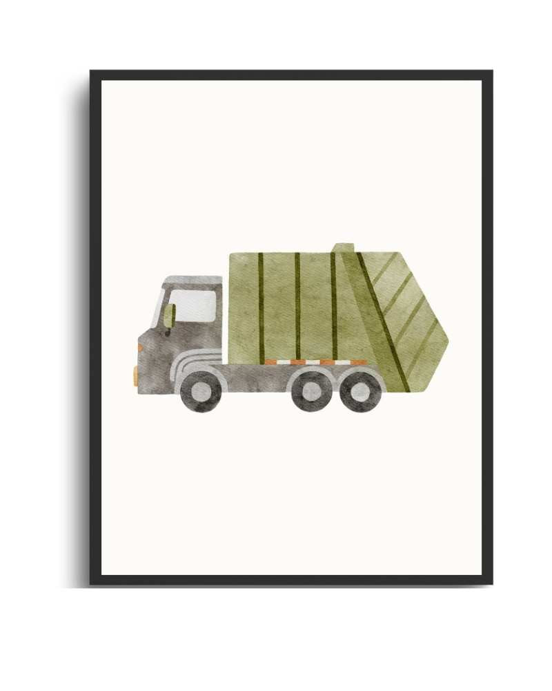 Garbage Truck Framed Print - Multi-Color Art for Kids' Rooms Semi Glossy Black
