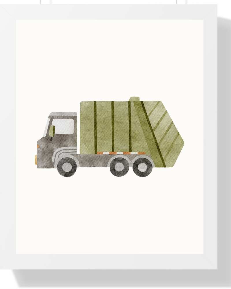Garbage Truck Framed Print - Multi-Color Art for Kids' Rooms Semi Glossy White