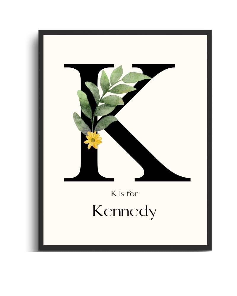 Personalized Name Framed Poster – Custom Flower Design, Nursery & Kids’ Room Wall Art - K Semi Glossy Black