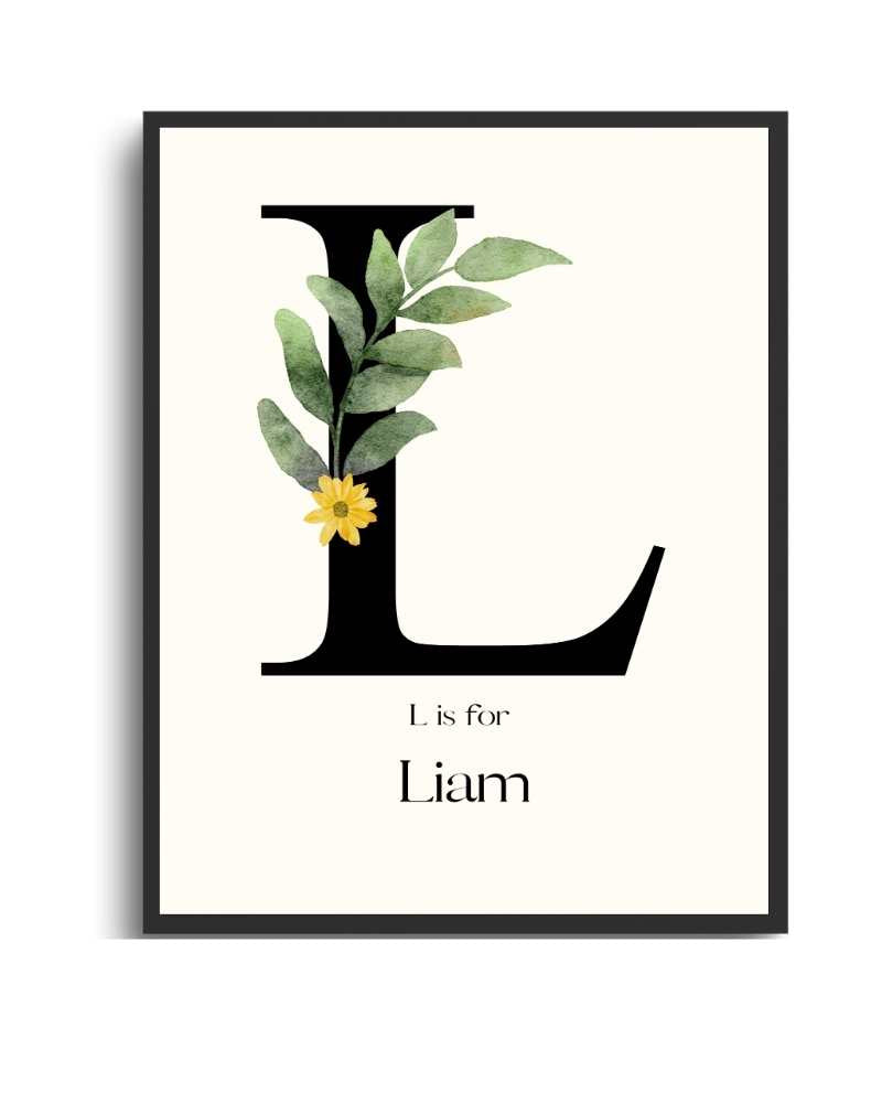 Personalized Name Framed Poster – Custom Flower Design, Nursery & Kids’ Room Wall Art - L Semi Glossy Black