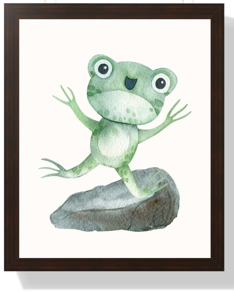 Whimsical Frog Framed Print - Cute Watercolor Art for Kids' Rooms Semi Glossy Brown