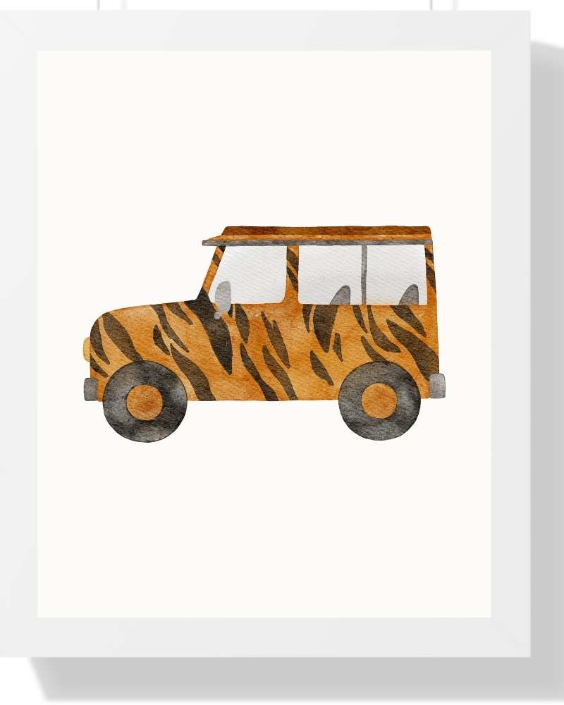 Tiger Print Framed Print - Watercolor Jeep Art for Animal Lovers Semi Glossy White